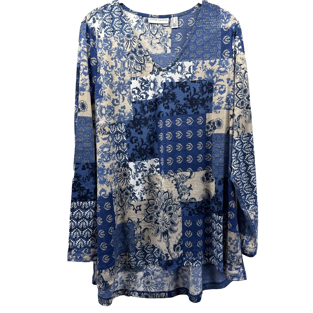 Susan Graver Women's Tunic Top Size L Blue White Ivory Patchwork Paisley Slinky